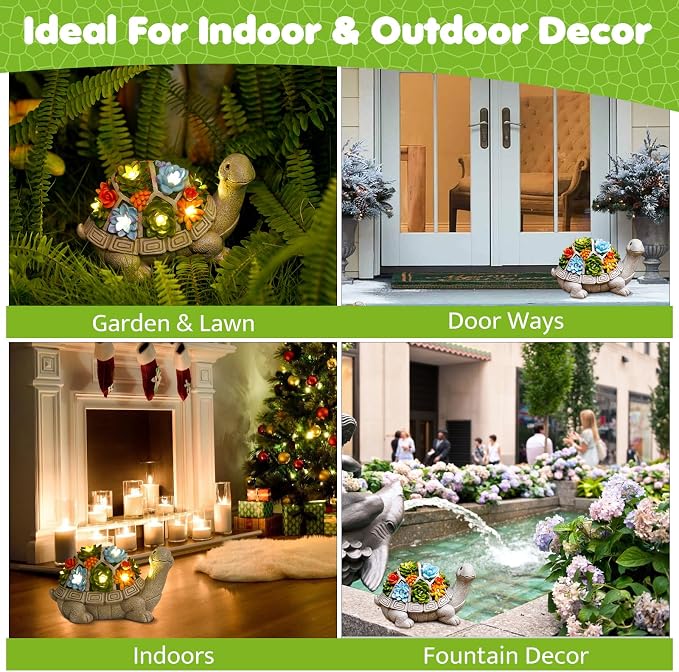 Solar Turtle Statue - Turtle Decor with Yard Outdoor | Cute Solar Turtle Succulent with 7 LED Lights - Unique Turtle Gifts for Mom
