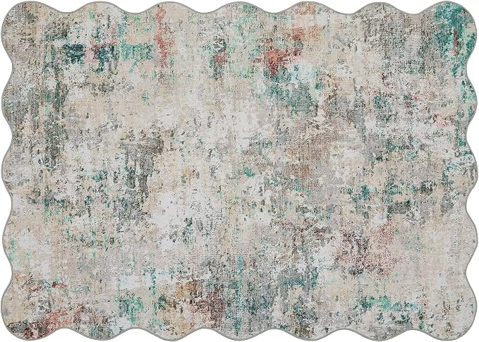 ROYHOME Modern Abstract Scalloped Area Rug 9x12 Non Slip, Colorful | Non Shedding Rug Low Pile Stain Resistant for Bedroom Living Room