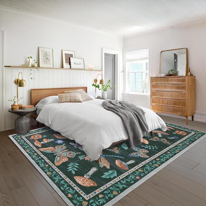ROYHOME Washable Rug 5x7 Area Rugs for Living Room, Mushroom Insect Rug for Bedroom, 5x7 Rug Non Slip Throw Rugs with Rubber Back, Low Pile Stain Resistant Modern Carpet for Dining Room Dorm,Black
