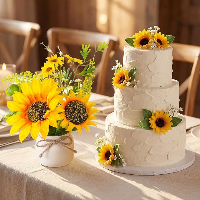 Zeyune 24 Pcs Sunflower Potted Plants Rustic Summer Spring Kitchen Wedding Table Centerpieces Silk Yellow Fake Flower with Plastic Pot for Home Bathroom Office (White,Sunflower)