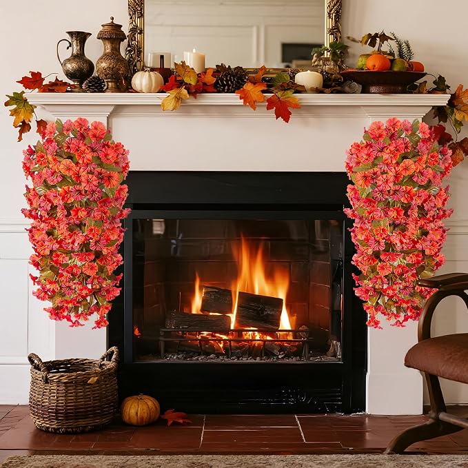 INXUGAO Artificial Flowers Plants with Hanging Basket, Fake Realistic Silk Morning Glory Petunia Long Vines, Faux Flower Arrangement for Outdoor Garden Patio Decor, OrangeRed