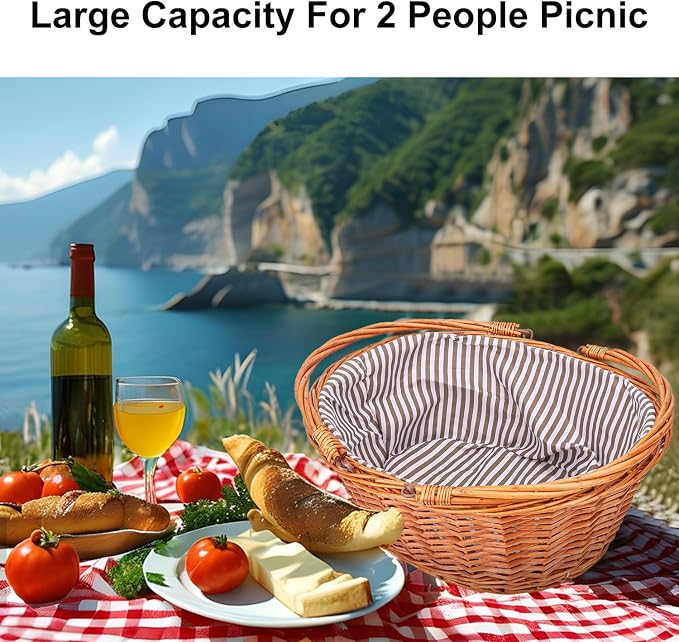 Large Wicker Picnic Basket with Double Folding Handles and Grey Lining, Wicker Basket, Large Willow Hamper, Handwoven Basket for Storage, Picnic, Camping