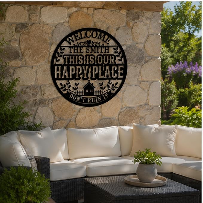 Personalized This Is My Happy Place Metal Sign Custom Family Name Sign Farmhouse Wall Decor Welcome Sign for Front Porch Living Room Backyard Housewarming Gift