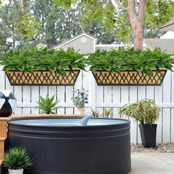 4 Pack 30 Inch Window Boxes Planters Railing Planter Box with Adjustable Brackets for Porch Fence Patio Balcony Hanging Flower Baskets with Coco Liners for Outdoor Garden Decor - Black