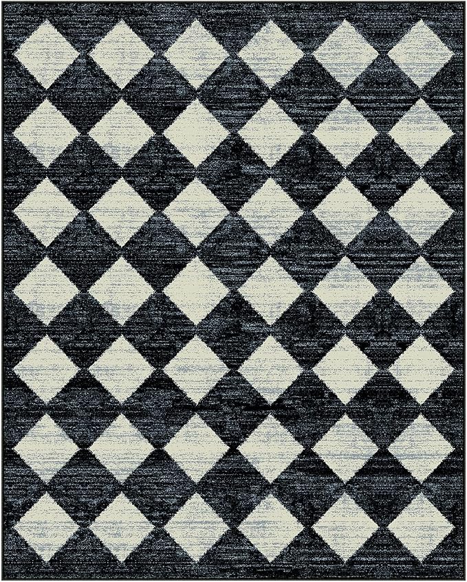 Checkered Area Rug 8x10 Black, Washable Non Slip Modern Living Room Bedroom