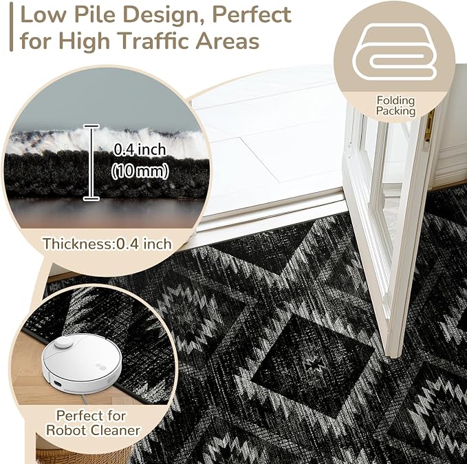 9'x12' Washable Area Rug for Living Room Bedroom Black | Soft Western No Slip Low Pile Print Foldable Indoor for Kitchen Dining Room