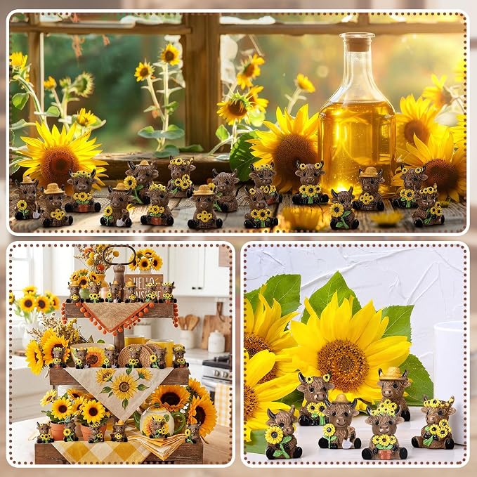 Yaomiao 60 Pcs Mini Highland Cow Figurines Resin Sunflower Highland Cow Figurines Cute Miniature Resin Gift Statue Decorations for Office Garden Desk Tabletop Festive Party Home Kitchen Tiered Tray