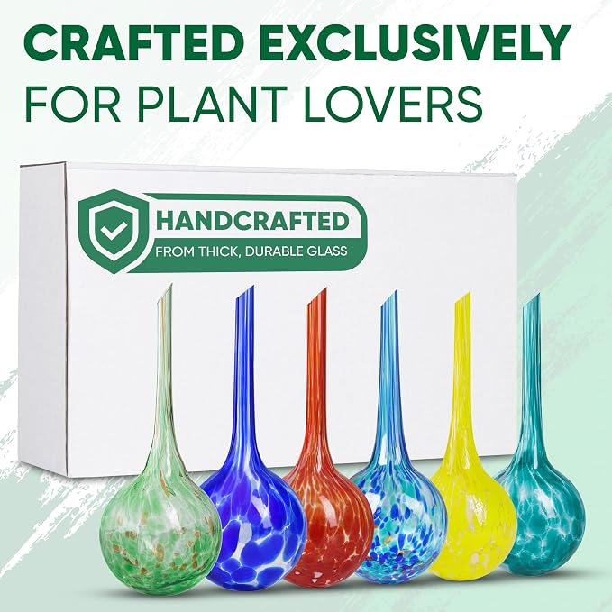 Plant Watering Globes Set of 6 - Small Glass Self Watering Globes for Indoor & Outdoor Plants - Multicolor Passive Watering Devices for Short Term Soil Moisture Support Bulbs