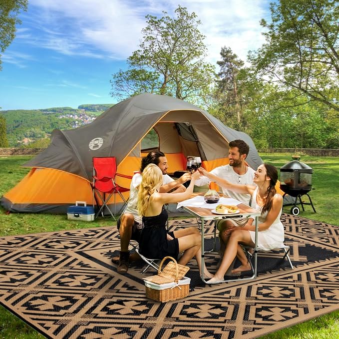 Alfolo Outdoor Rugs 9x12 for Patios Clearance Brown Outdoor Plastic Straw Rug Black and Brown Outdoor Rug Waterproof Reversible Outside Mat with Durable Edges Double Woven Patio,Porch,Rv Camping Rug