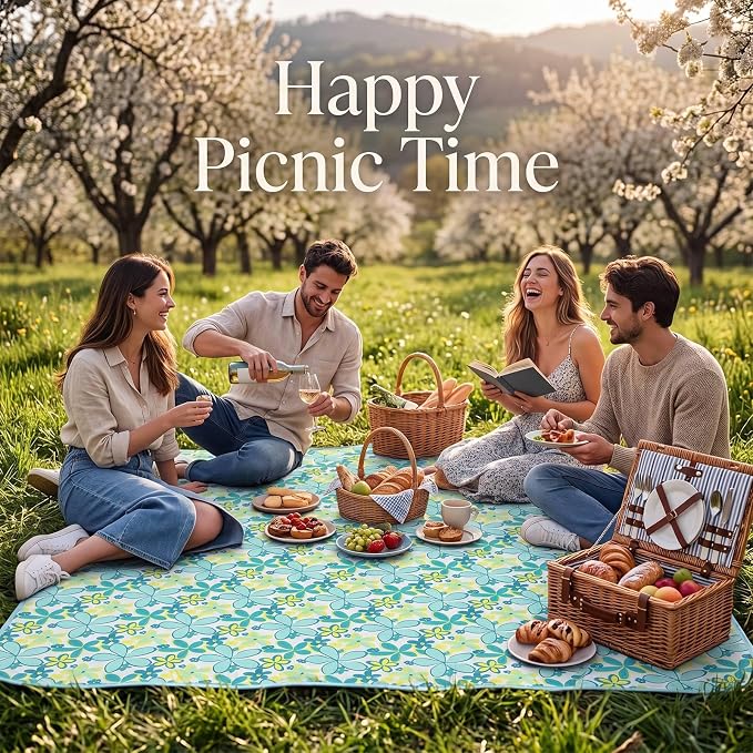 Shellwei 6 Pcs Beach Blankets Waterproof Sandproof Extra Large 80 x 60 Inch Outdoor Picnic Blankets Foldable Portable Beach Mat Tote Travel Supplies for Camping Park Grass (Blue Lily)