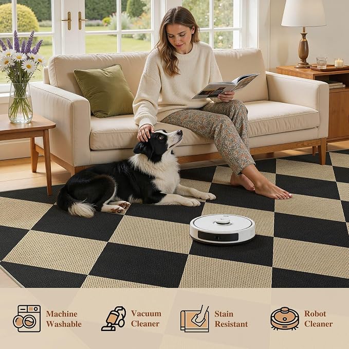 UERMEI 3x5 Outdoor Jute Area Rug Patio Farmhouse Black Brown | Indoor Outdoor Washable Non Slip Pet Friendly Carpet for Door Mat Area Rug for Patio Bedroom Living Room Kitchen Porch