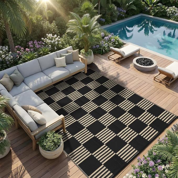 Garvee Waterproof Outdoor Rug 10x20, Checkered Foldable Plastic Straw Patio Camping Rug, Outdoor RV Carpet for Deck Camper Porch Balcony Backyard Picnic Beach Black and Brown