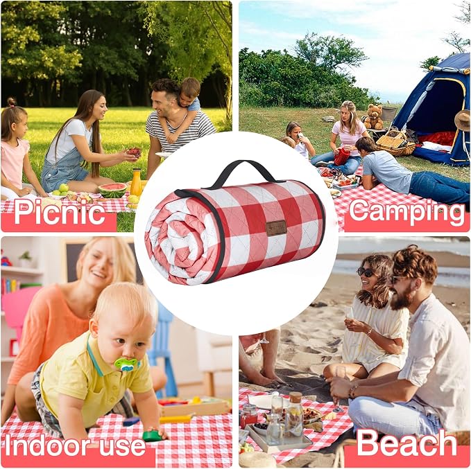 HX&OD Outdoor Picnic Blanket, Extra Large, 80''x60'' Waterproof Foldable Blankets Gingham Picnic Mat for Beach, Camping Grass Lawn Park Accessories Cute Couple Ideas Wedding (Red, 80”x60”)