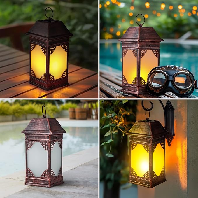 15.5" Solar Lanterns Outdoor Waterproof, Glass Flickering Flame Solar Lantern, Hanging Metal Lantern Decorative for Patio Front Porch Garden Backyard Tabletop Party Decoration