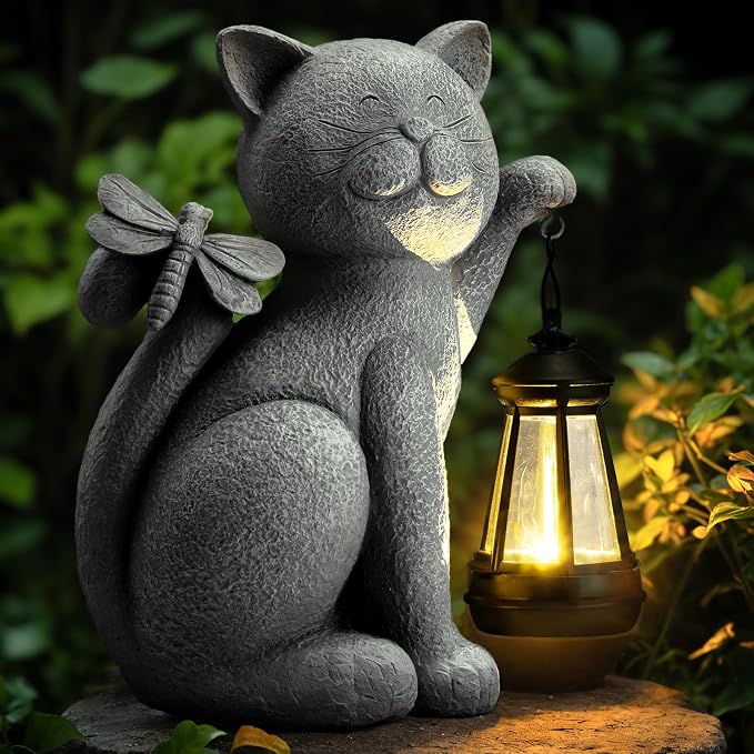 Solar Garden Outdoor Statues Cat with Solar Lantern,Outdoor Cat Figurines Decorations,Lawn Home Decor for Patio, Balcony, Yard Ornament,Unique Housewarming and Birthdays Gifts for Mom Women Grandma