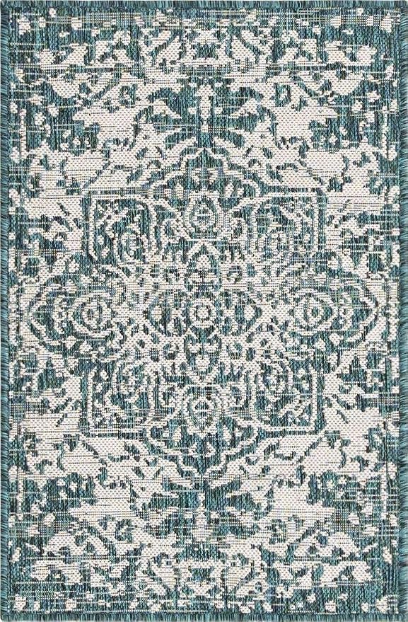 Unique Loom Outdoor Collection Area Rug - Dubai (2' x 3' 1' Rectangle, Teal/ Ivory)