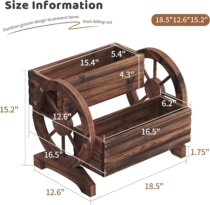 Wooden Wagon Planters for Outdoor Plants, Flower Cart, Wood Planter Boxes Outdoor, Backyard Decor, Flower Planters Outdoor with Wheels Planter for Flowers Vegetables (Carbonized)