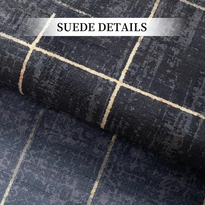 Washable Abstract Modern 6x9 Area Rugs for Living Room,Contemporary Geometric Rug for Bedroom Non Slip with Gold Striped, Blue and Grey White Checkered Carpet