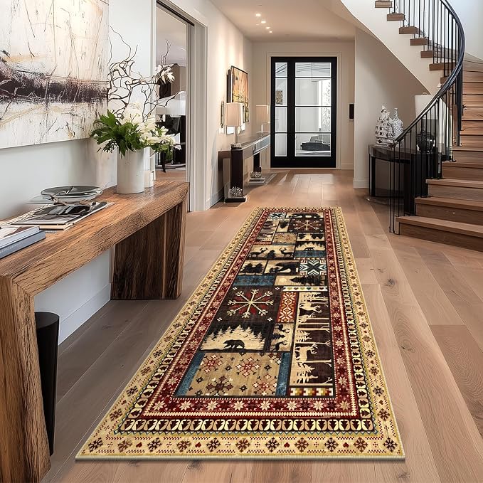 LOKHOM 3x8 Hallway Runner Rug, Non Slip Washable Western Cabin Bear Rugs | Bear Pattern, Low Pile Soft Kitchen Rug, Vintage Wildlife Accent Carpet Runner, For Laundry Bedroom Entryway Nursery