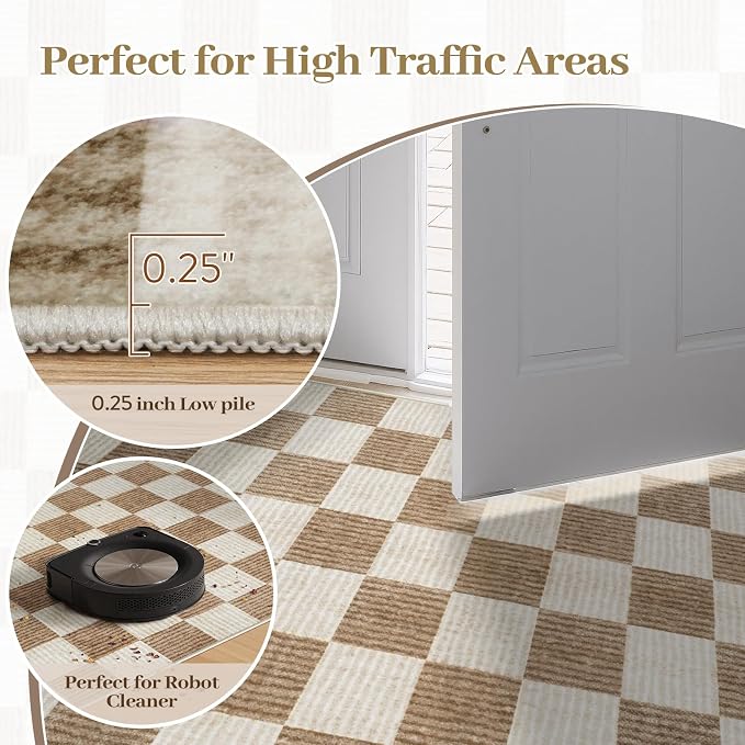 Machine Washable 5x7 Area Rugs for Living Room Checkered, Non Slip Soft Low Pile Farmhouse Geometric Modern Neutral Playroom Boys Rugs for Bedroom, Large Carpet Rugs for Dining Room(Brown,5'x7')