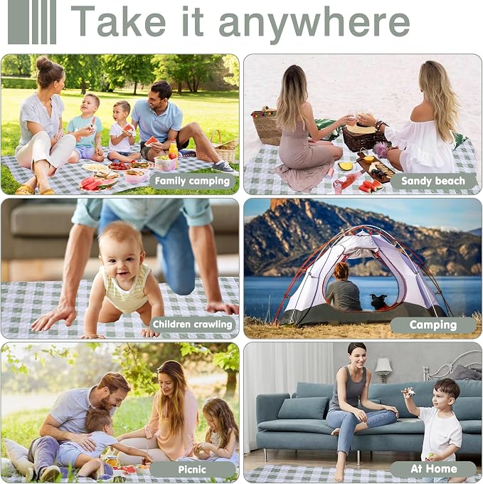 Extra Large Picnic Blanket 80''x 60'' Picnic Mat Waterproof Sand Proof Foldable for Beach, 5-Layer Outdoor Blanket for 6 to 8 Adults,Camping Lawn Hiking Travel Park Music Festival Wedding Mats(Green)