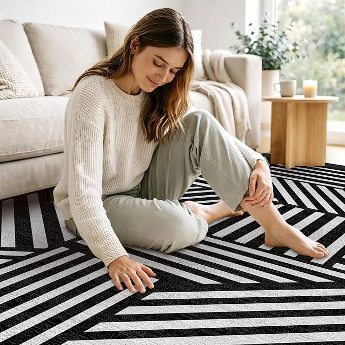 5x7 Black and White Geometric Stripe Area Rug for Living Room Bedroom Abstract Modern Large Rug Machine Washable Non-Slip Carpet for Dining Room Office