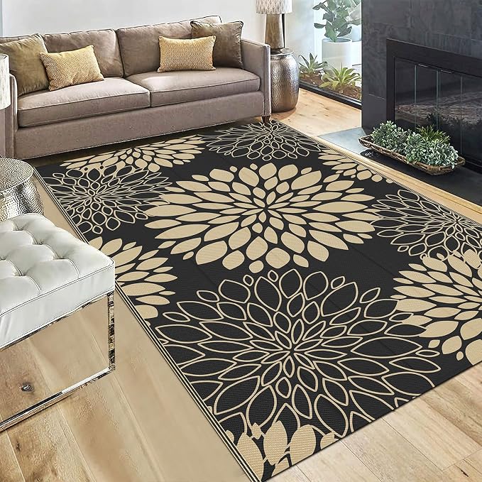 Ileading Waterproof Outdoor Rug 5x8, Reversible Plastic Straw Patio Rug, Portable Indoor Outdoor RV Camping Mat Carpet for Deck, Porch, Balcony, Backyard, Picnic, Floral Black