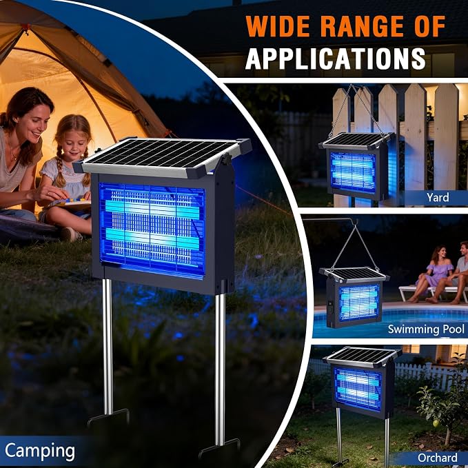 Solar Bug Zapper Outdoor Waterproof, 4500V Rechargeable Mosquito Zapper with Solar Panel Sensor, Auto ON/Off, 10ft Extension Cord & Solar Powered Bug Zapper, Cordless Insect Zap for Patio Yard Garden