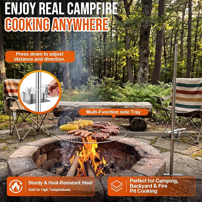 24" Fire Pit Campfire Grill Grate, Foldable Open Fire Cooking Grill Grate Portable Stainless Steel Camping Cooking Barbecue Rack Heavy-duty, Easy Setup & Adjustable Height for Outdoor