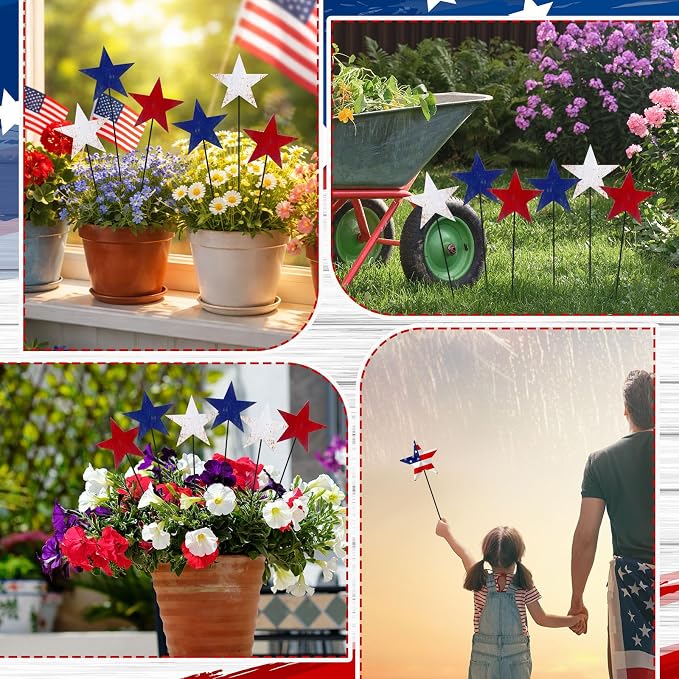 Pickmesh 6 Pcs 12" H 4th of July Outdoor Decor Vintage Patriotic Yard Decor Rustic Red Blue White Outdoor Metal Yard Sign Garden Stake Star 250th Anniversary American for Independence Day Decoration