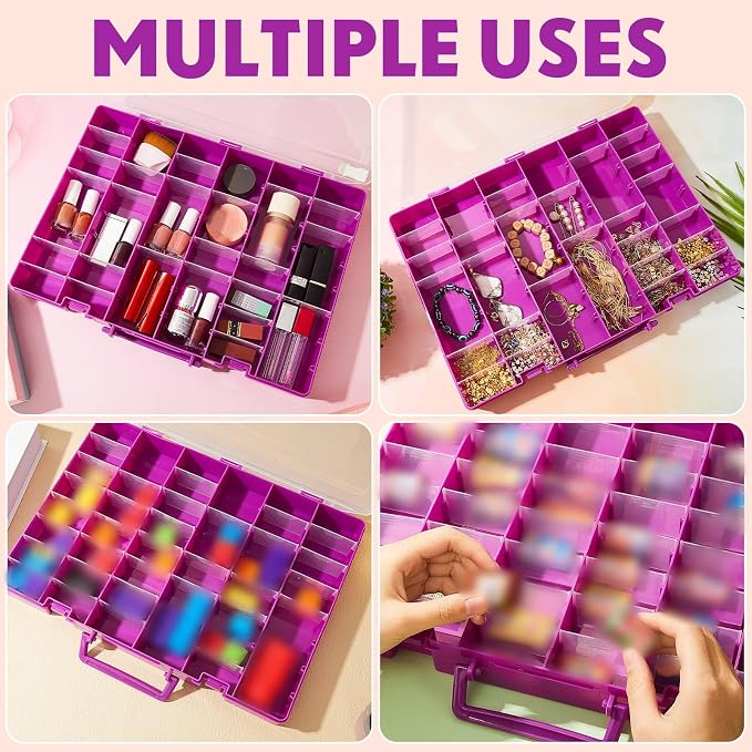 Juexica 2 Pcs Large 48 Grids Plastic Storage Bead Organizer Box, Tackle Box, Compartment Organizer Container with Adjustable Dividers for Jewelry Art Crafts Toys Screw Small Parts(Purple)