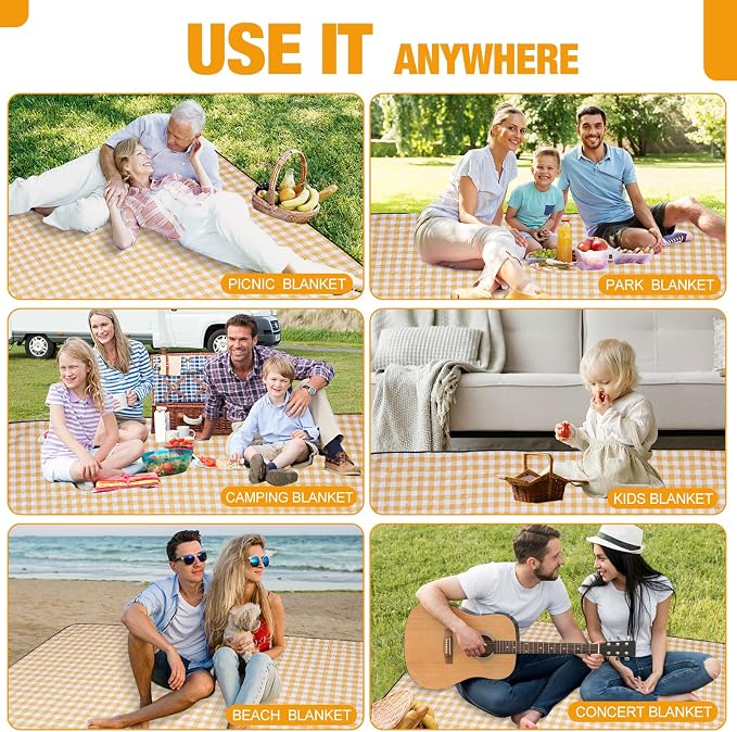 G GOOD GAIN Picnic Blankets Outdoor Extra Large - 80"x80" Portable Waterproof Picnic Blanket, Machine Washable 3-Layer Foldable Park Mat with Sandproof Backing for Grass, Hiking, Travel (Yellow)
