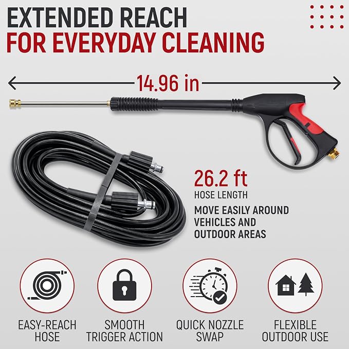 Pressure Washer Gun, 3000 PSI Max Power Washer Wand with 26.2 ft Hose, M22-14 mm Copper Connector, Stainless Steel Lance, 5 Nozzles for Car, Patio, Fence, Siding Cleaning