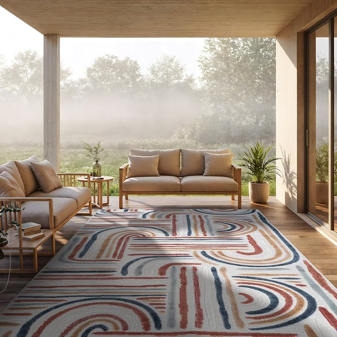 CAMILSON Indoor Outdoor Rug, Multicolor 9x12 Geometric Arch Striped Large Area Rugs for Patio and Home Areas, Easy-Cleaning Non-Shedding Living Room, Garden and Deck Washable Outside Carpet (9 x 12)