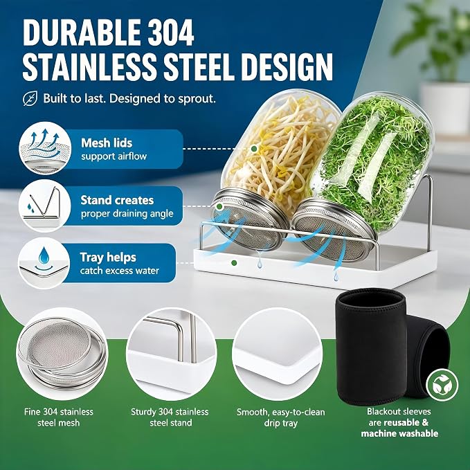 Sprouting Kit,Seed Sprouting Jar Kit,2Pcs Large Wide Mouth Mason Jar with 304 Stainless Steel Screen Sprout Lid,Sprout Jar Stand,Tray,Blackout Sleeves,Sprouts Growing Kit for Broccoli,Mung Bean