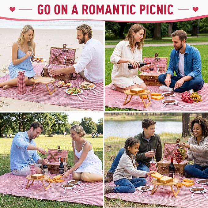 Wicker Picnic Basket Set for 2 with Foldable Table, Blanket, Insulated Liner, Large Handmade Willow Hamper Basket Sets with Cutlery Kit for Outdoor Camping Couples Wedding Bridal Shower Gift