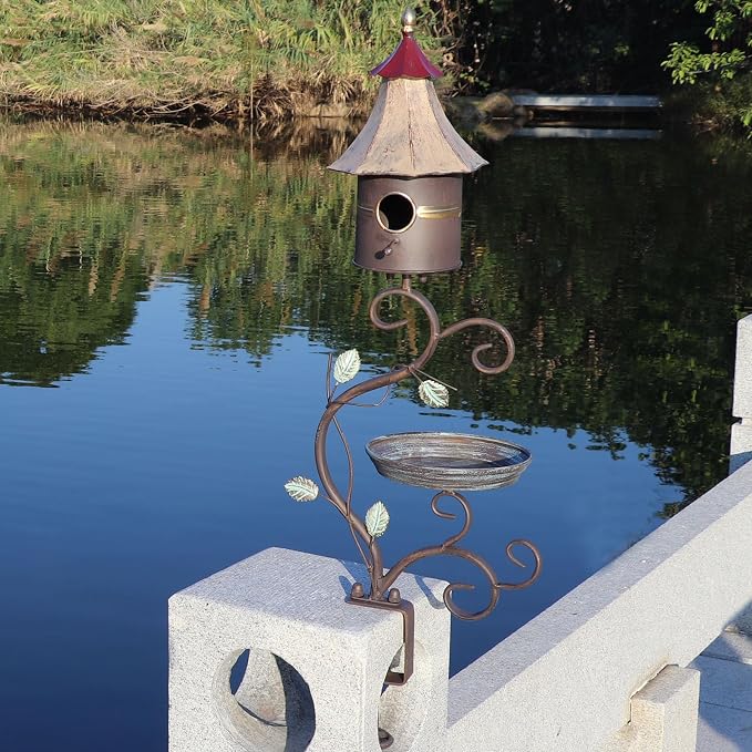 HLQMFHT Deck Bird Bath, Metal Bird Bath and Bird Houses, Decorative Deck Mounted Bird Bath, Detachable and Adjustable Sturdy Deck Bird Bath for Outdoor Porch Yard Garden Decoration
