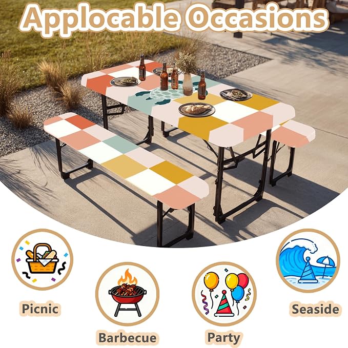 Picnic Table Cover with Bench Covers Elastic Edges, Outdoor Patio Camping Essentials 72 Inch 3PCS, Waterproof Camping Fitted Tablecloth with Handbags (Sea Turtle Checkered Art)