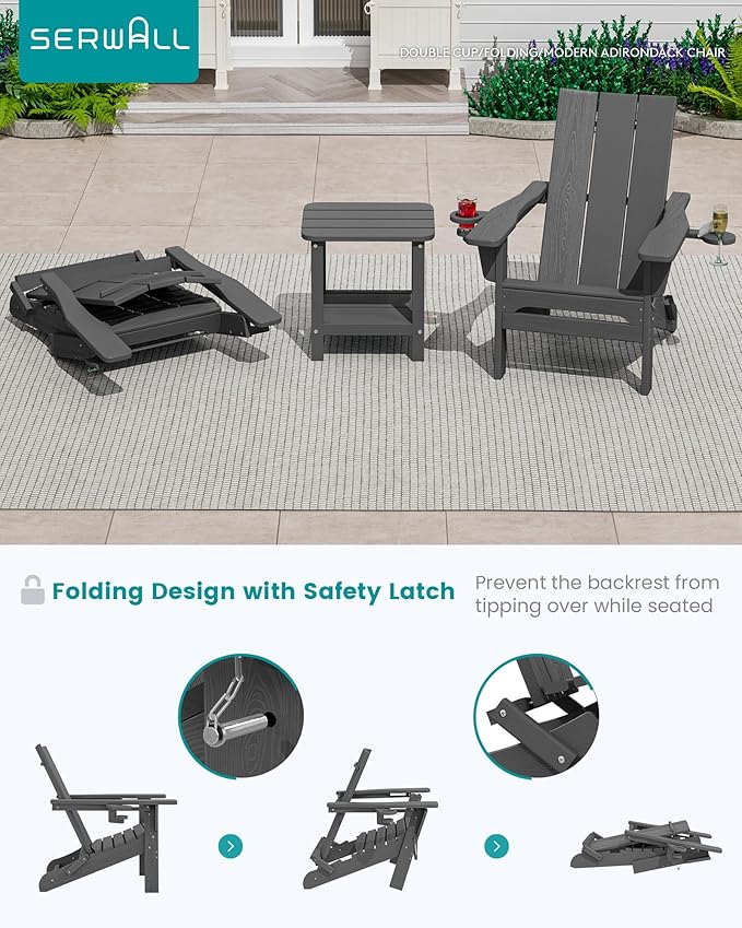 SERWALL Modern Folding Adirondack Chair Set with 9 Ft Umbrella, Folable Adirondack Chairs Set of 2 with Cup Holders, HDPE Fire Pit Chairs for Patio Lawn Garden, Gray (Umbrella Base is not Included)