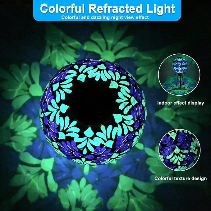 SAVENNA Mosaic Solar Gazing Ball 10 Inch, Glass Garden Globe with Auto On/Off for Yard, Lawn & Outdoor Decor, Blue Mosaic
