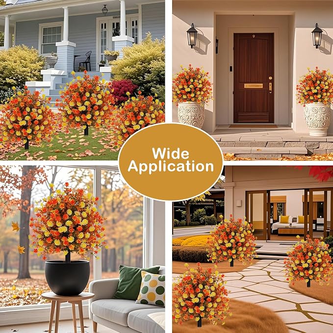 Spring Mums Flowers Artificial Topiary Ball Tree with Spike, Set of 2 Boxwood Ball Faux Shrubs Bushes with Orange Flowers,UV Resistant Fake Mums Plants for Front Porch Garden,23"