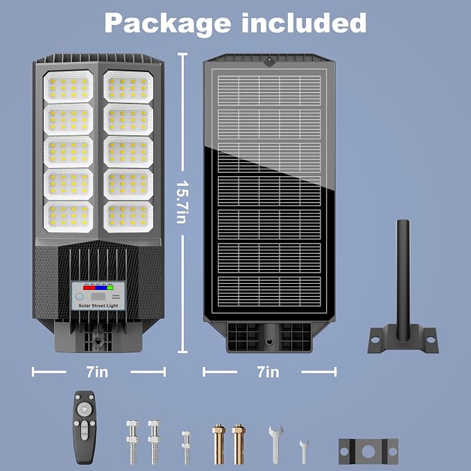 loyoele Solar Street Light with Pole Mount, Dusk-to-Dawn Outdoor LED, 300000 LM, 7000K IP67 Waterproof, Adjustable Modes, for Yard, Parking Lot, Street, Pathway