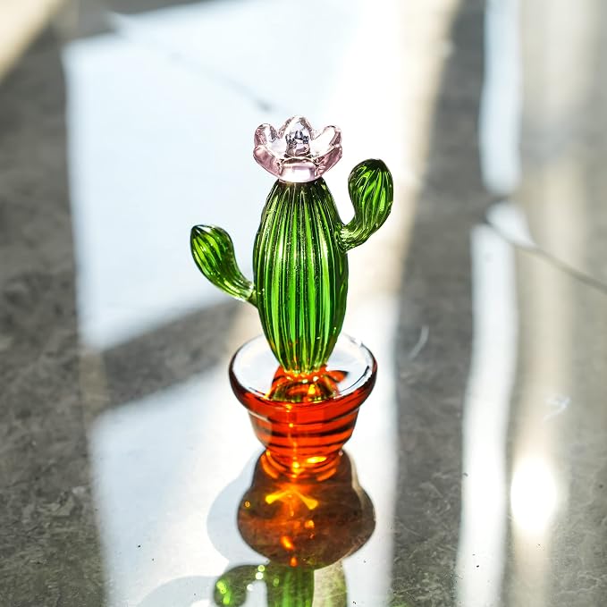 6pcs Hand-Blown Glass Ornaments Hanging Glass Gazing Balls and 4.3inch Handmade Blown Glass Art Cactus Figurine