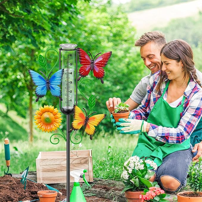 35.4" Butterfly Rain Gauge Outdoor, Metal Rain Gauges Stake with 6“ Glass Tube, Decorative Rain Gauges for Yard Garden Lawn for Precipitation Measurement