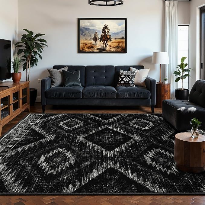 6'x9' Washable Area Rug for Living Room Bedroom Black | Soft Western No Slip Low Pile Print Foldable Indoor for Kitchen Dining Room