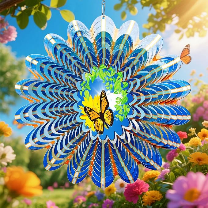 Animated Butterfly Wind Spinner - 12inch 3D Hanging Wind Sculpture | Kinetic Metal Wind Spinners Outdoor Garden Decor Yard Art Ornament, Birthday, Christmas, Housewarming Gifts for Women, Mother