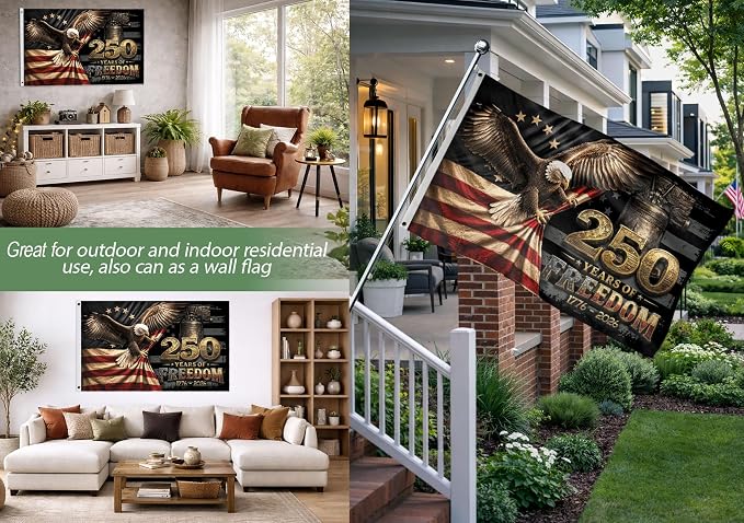 250 Anniversary Usa Flag With Brass Grommets, 250 Years Of Freedom Flag 3x5 Ft, 250th Anniversary Banner, 4th Of July Decorations Outdoor, Front & Back Printed, American Flags With Eagle 1
