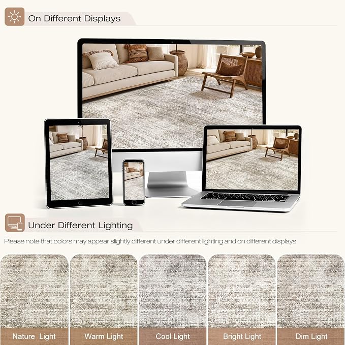 cotiled Boho 10x14 Area Rugs for Living Room: Large Moroccan Washable Rug | Solve Modern Neutral Trendy Home Decor - Stain Resistan Carpet for Bedroom Farmhouse Dining Room Brown Grey