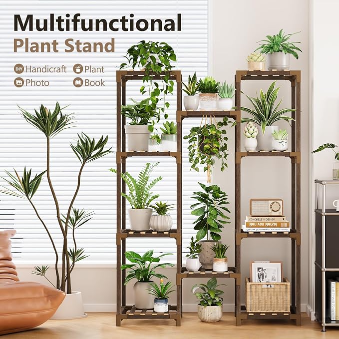 Uneedem Plant Stand with Grow Light - Large Plant Stand Indoor for Multiple Pots, 10 Tiered Plant Shelf Wood Plants Holder Rack for Living Room, Patio, Garden, Corner, Home Decor