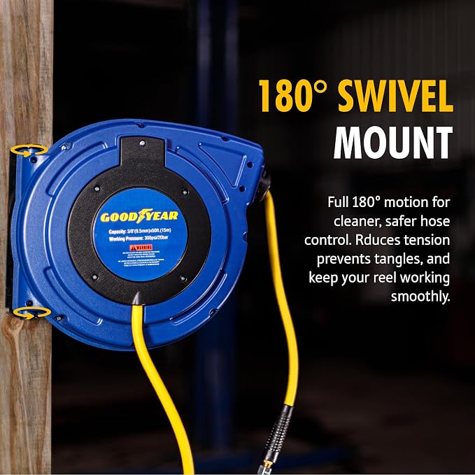Goodyear Air Hose Reel Retractable 3/8" Inch x 50' Foot Hybrid Polymer Hose Max 300PSI Commerical Polypropylene Construction